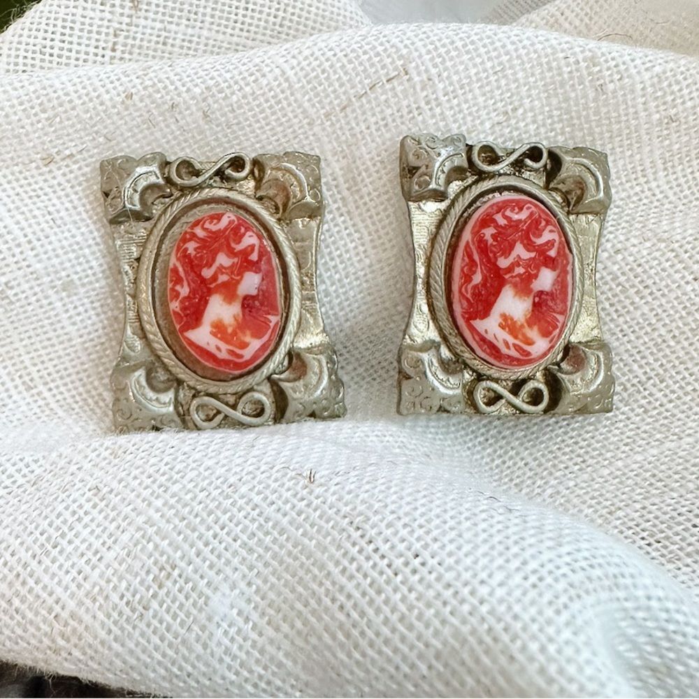 Vintage Silver and Red Cameo Clip On Earrings